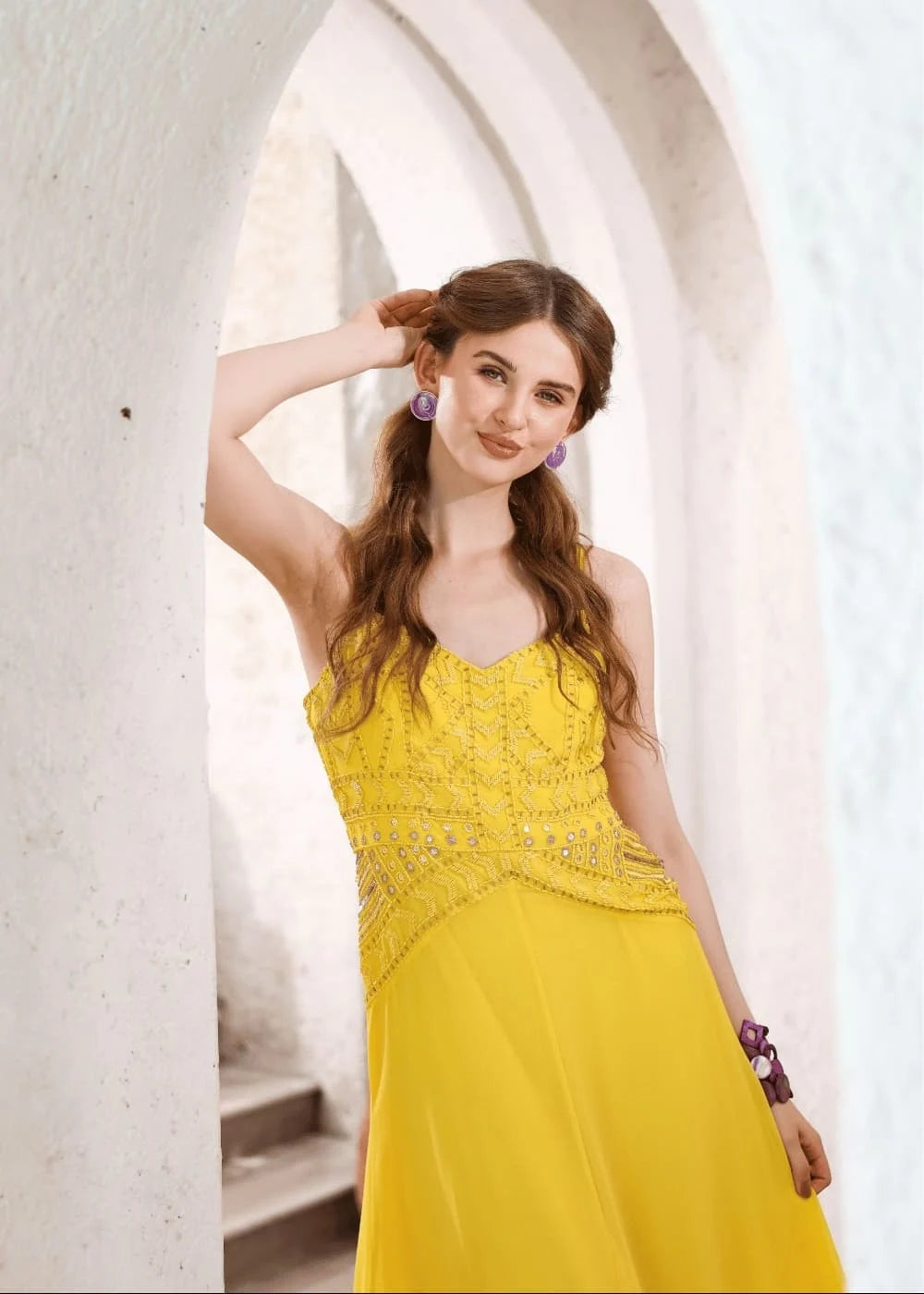 yellow beaded maxi dress Mustard Beaded Spaghetti Strap Backless Maxi Dress Elegant
