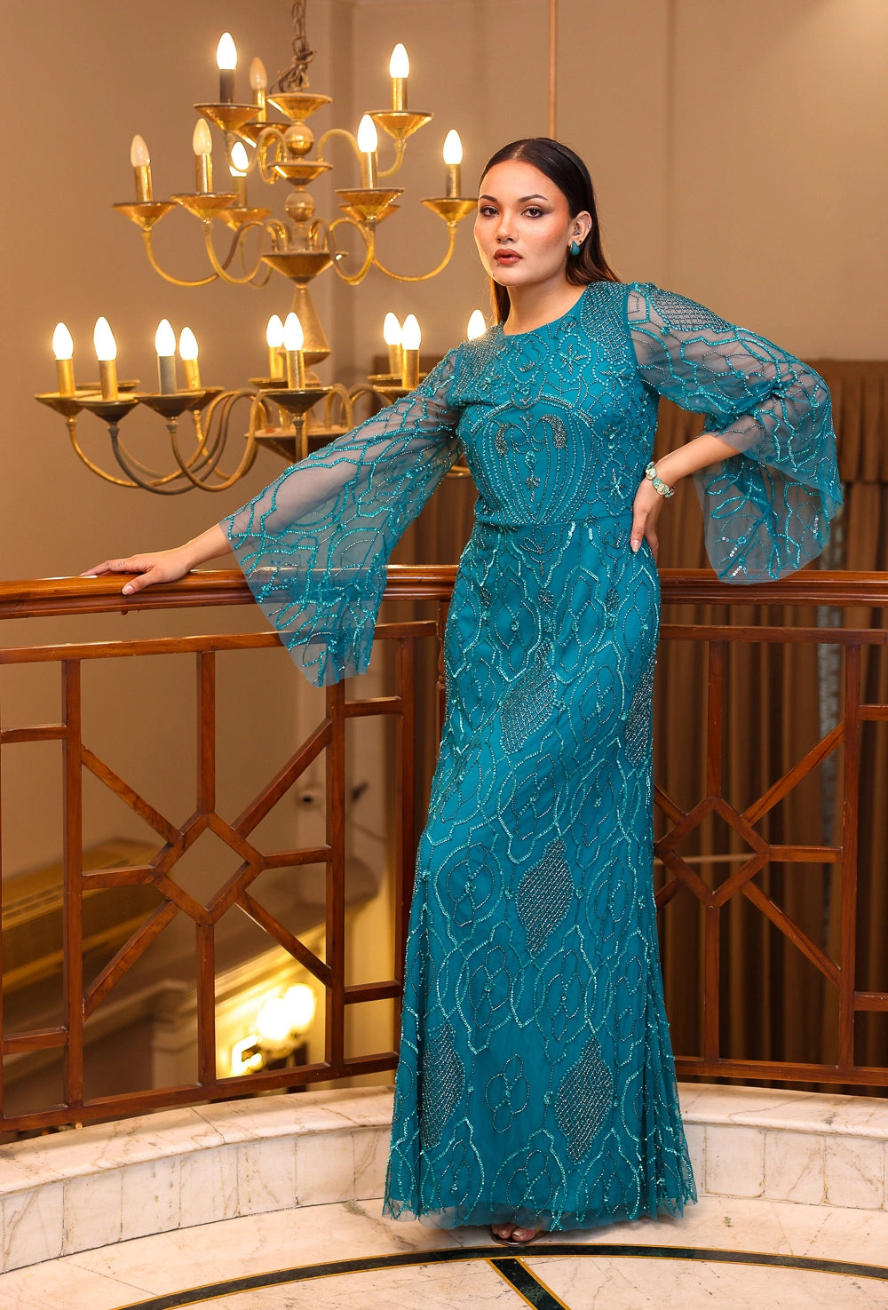 Teal Beaded Bell-Sleeve Gown