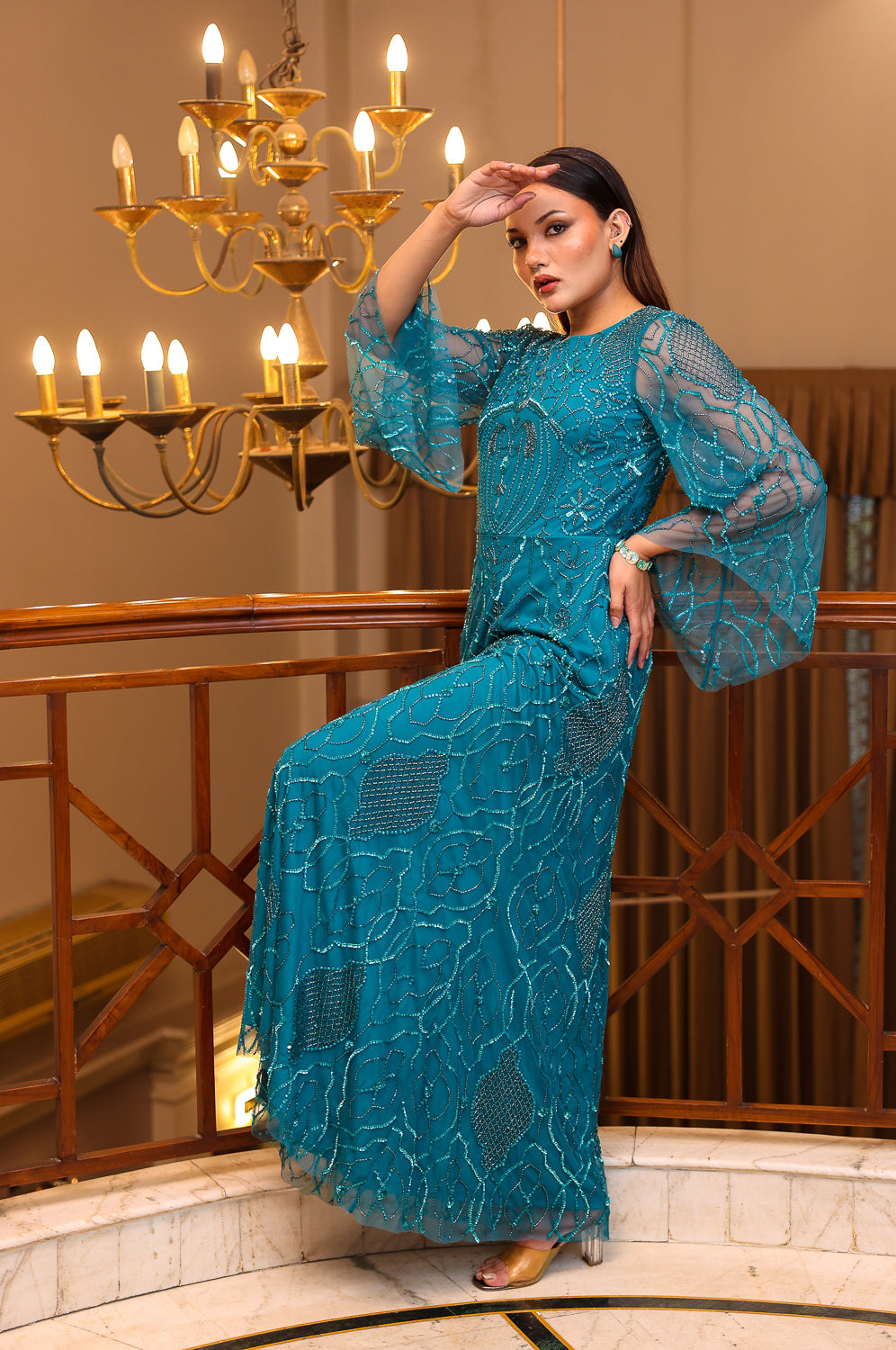 Teal Beaded Bell-Sleeve Gown