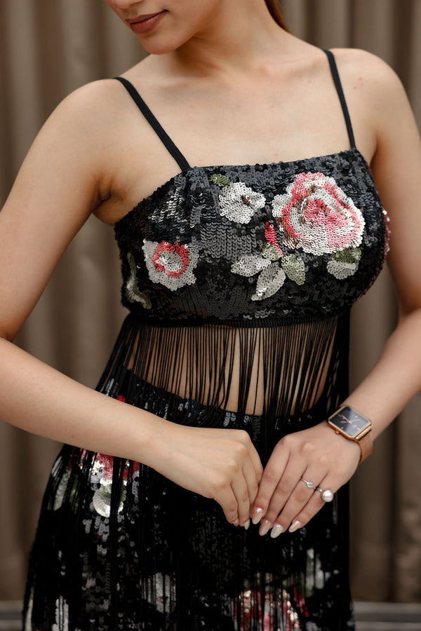 Black Sequin Floral Fringe Set