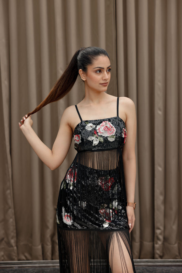 Black Sequin Floral Fringe Set