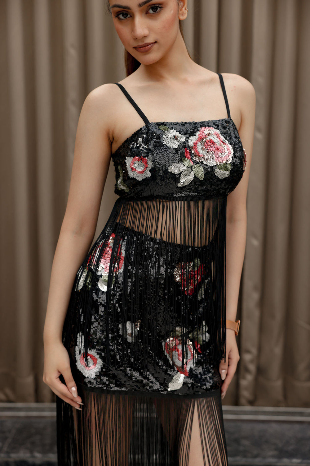 Black Sequin Floral Fringe Set