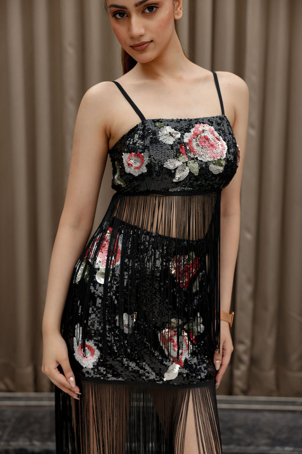 Black Sequin Floral Fringe Set