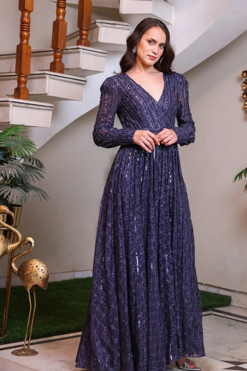 Navy Deep V Pleated Sequin Gown