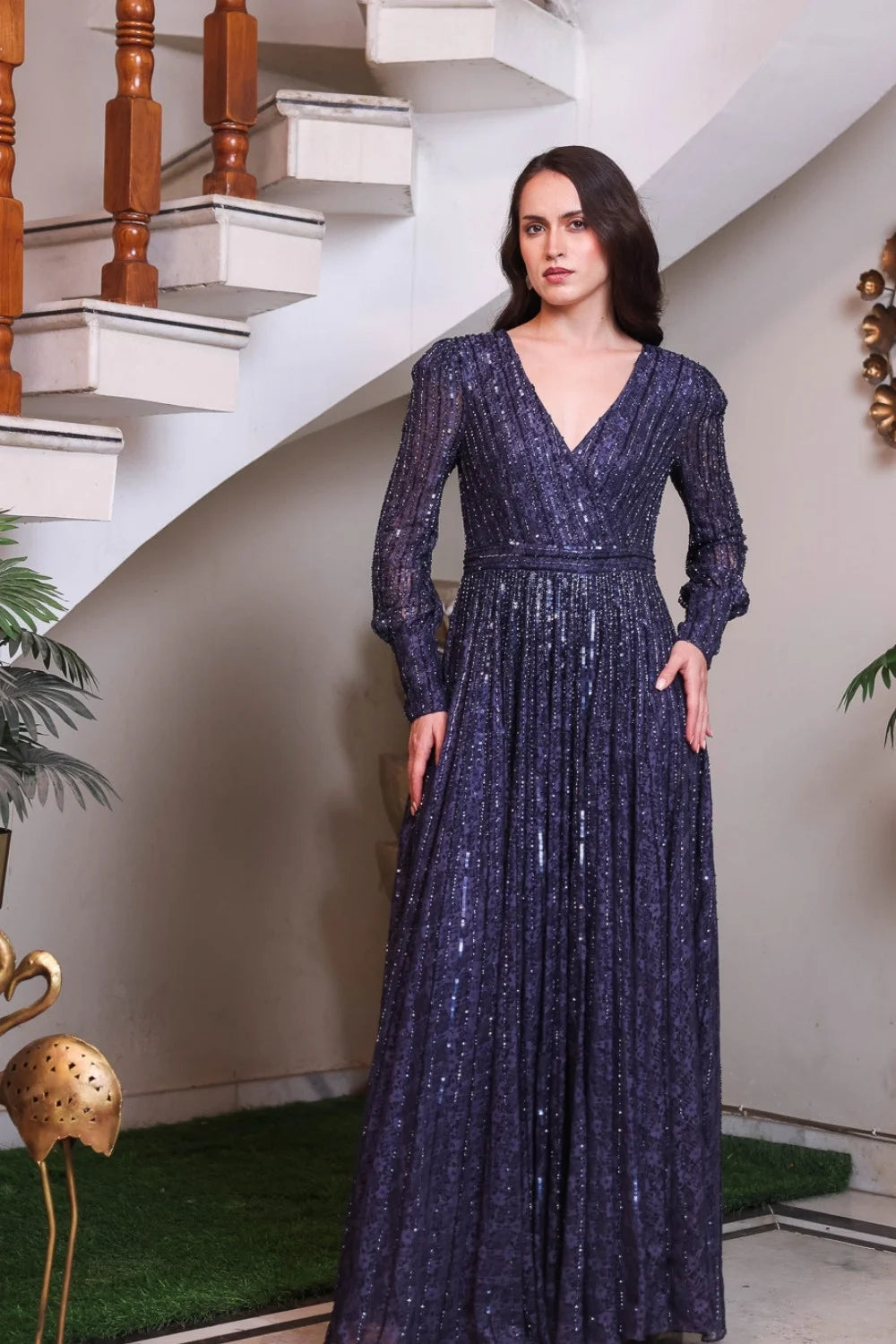 Navy Deep V Pleated Sequin Gown