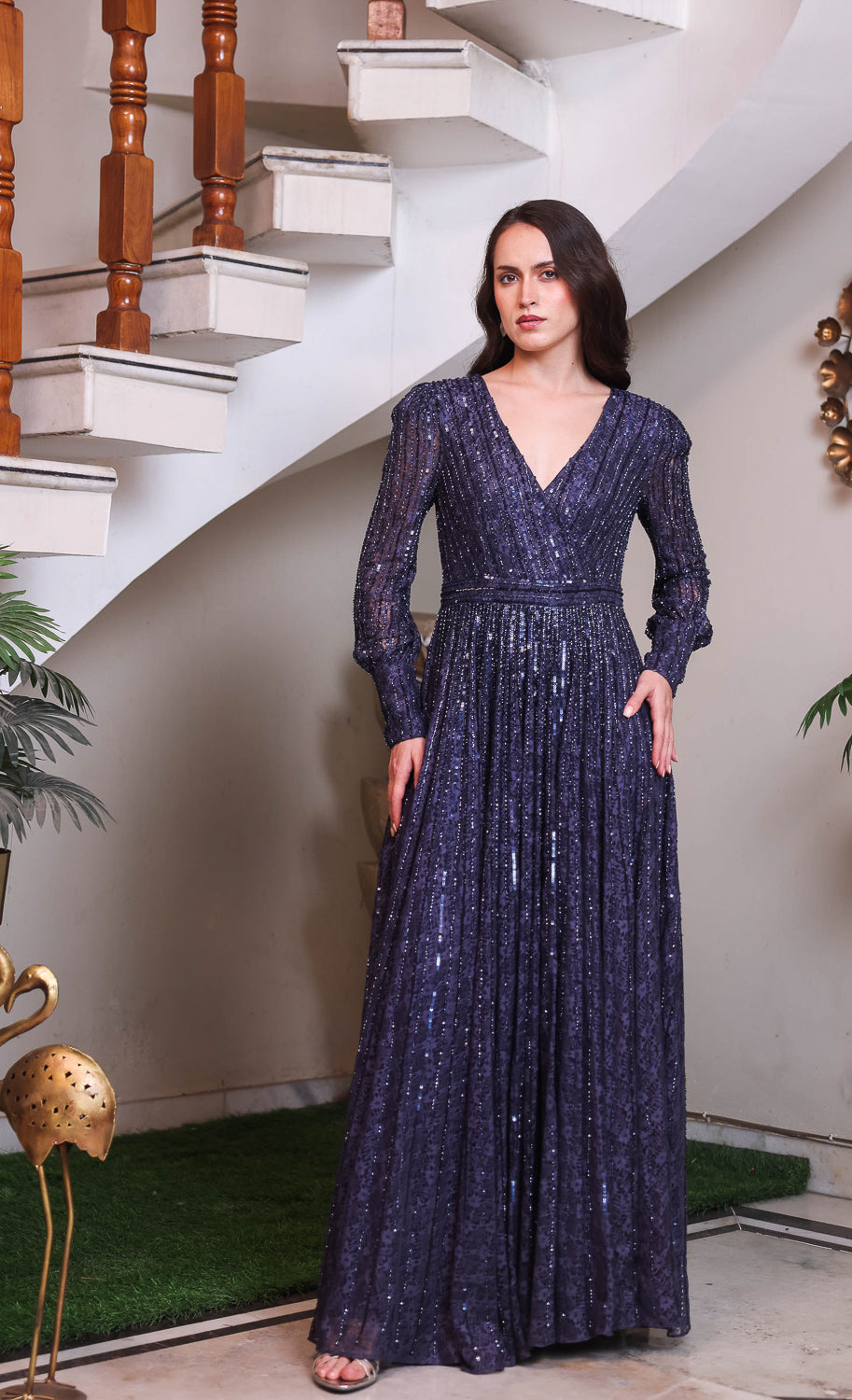Navy Deep V Pleated Sequin Gown