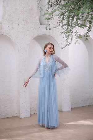Powder Blue Hand-Beaded Dress with Sheer Cape