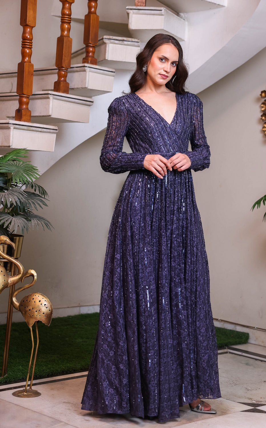 Navy Deep V Pleated Sequin Gown