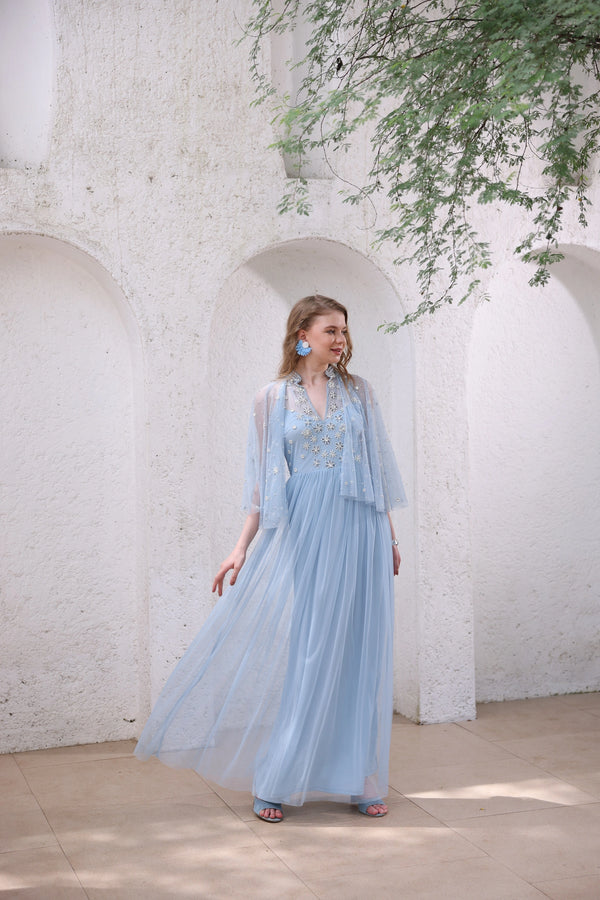 Powder Blue Hand-Beaded Dress with Sheer Cape