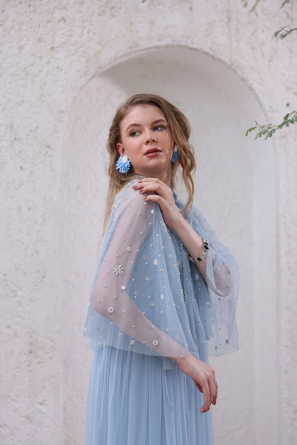 Powder Blue Hand-Beaded Dress with Sheer Cape