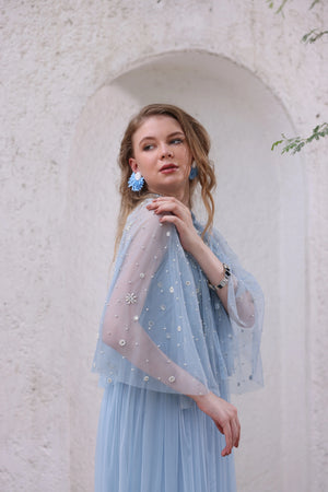 Powder Blue Hand-Beaded Dress with Sheer Cape