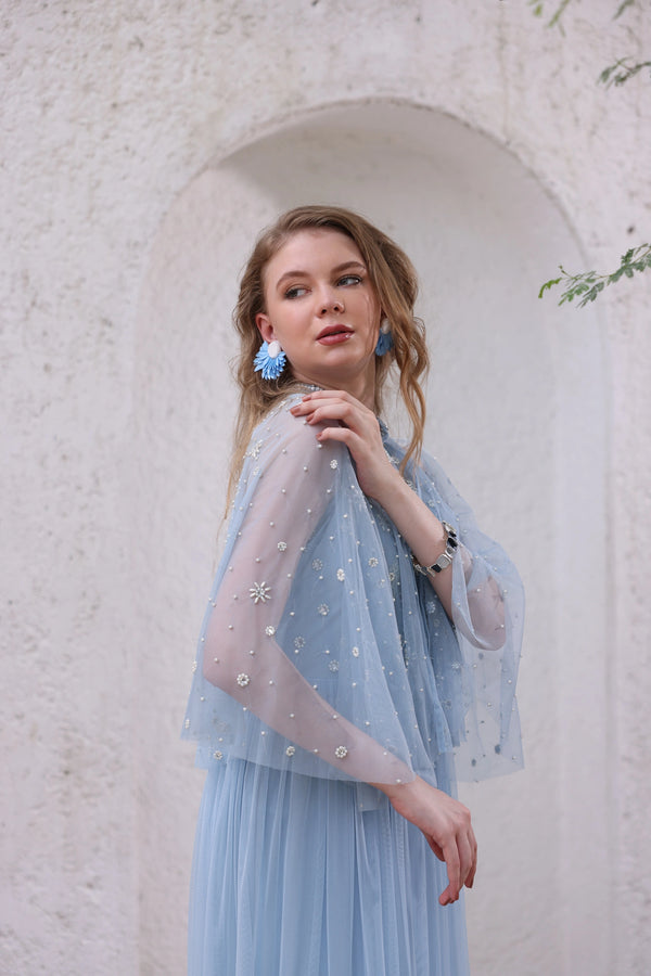 Powder Blue Hand-Beaded Dress with Sheer Cape