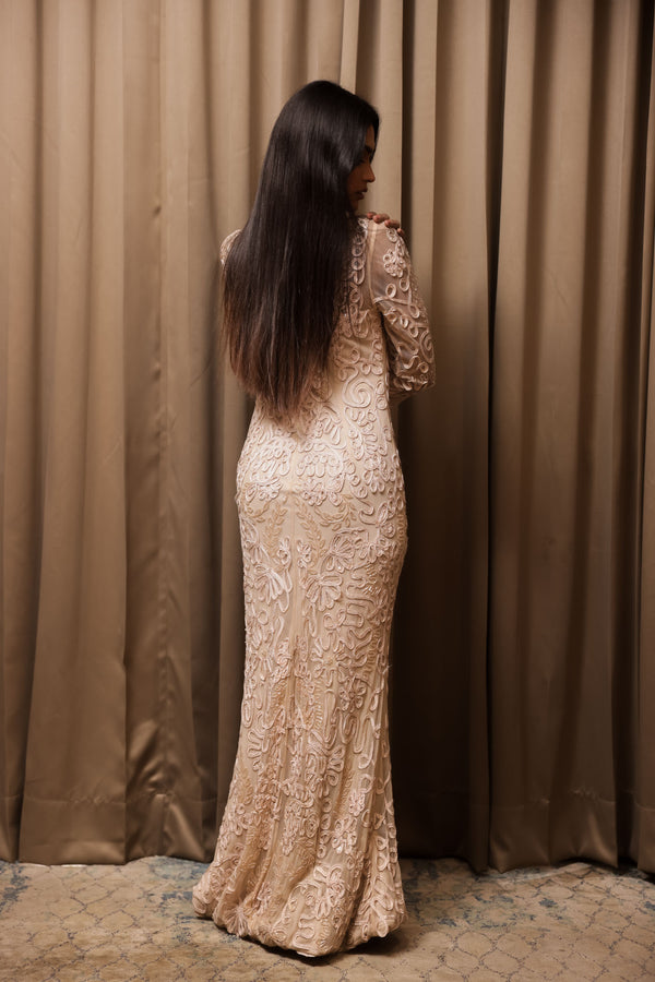 Champagne Embroidered Floor-Length Gown