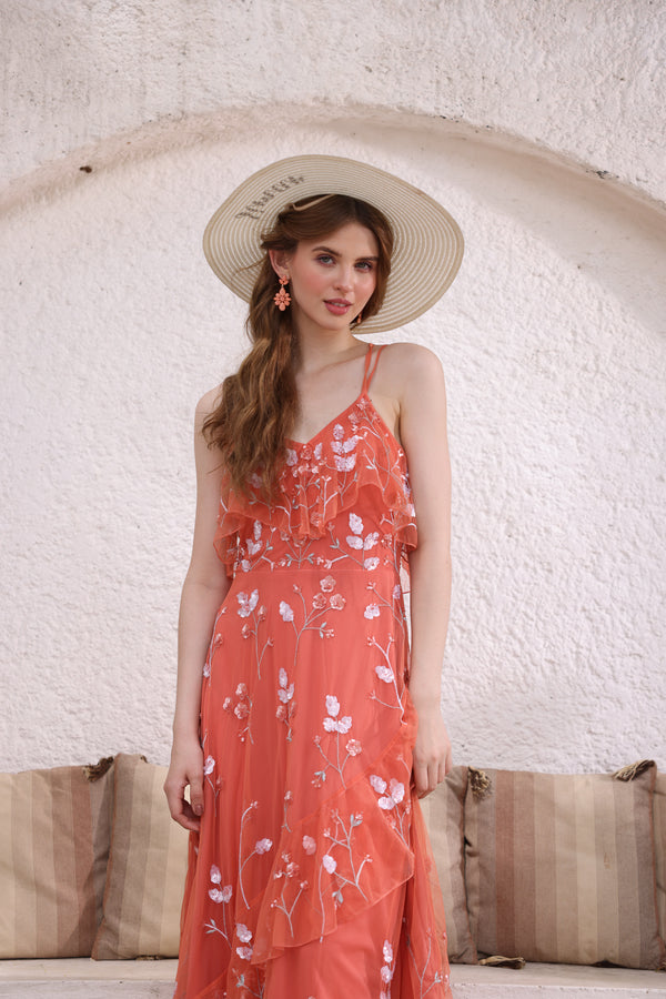 Coral Floral Midi Dress