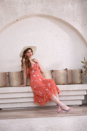 Coral Floral Midi Dress