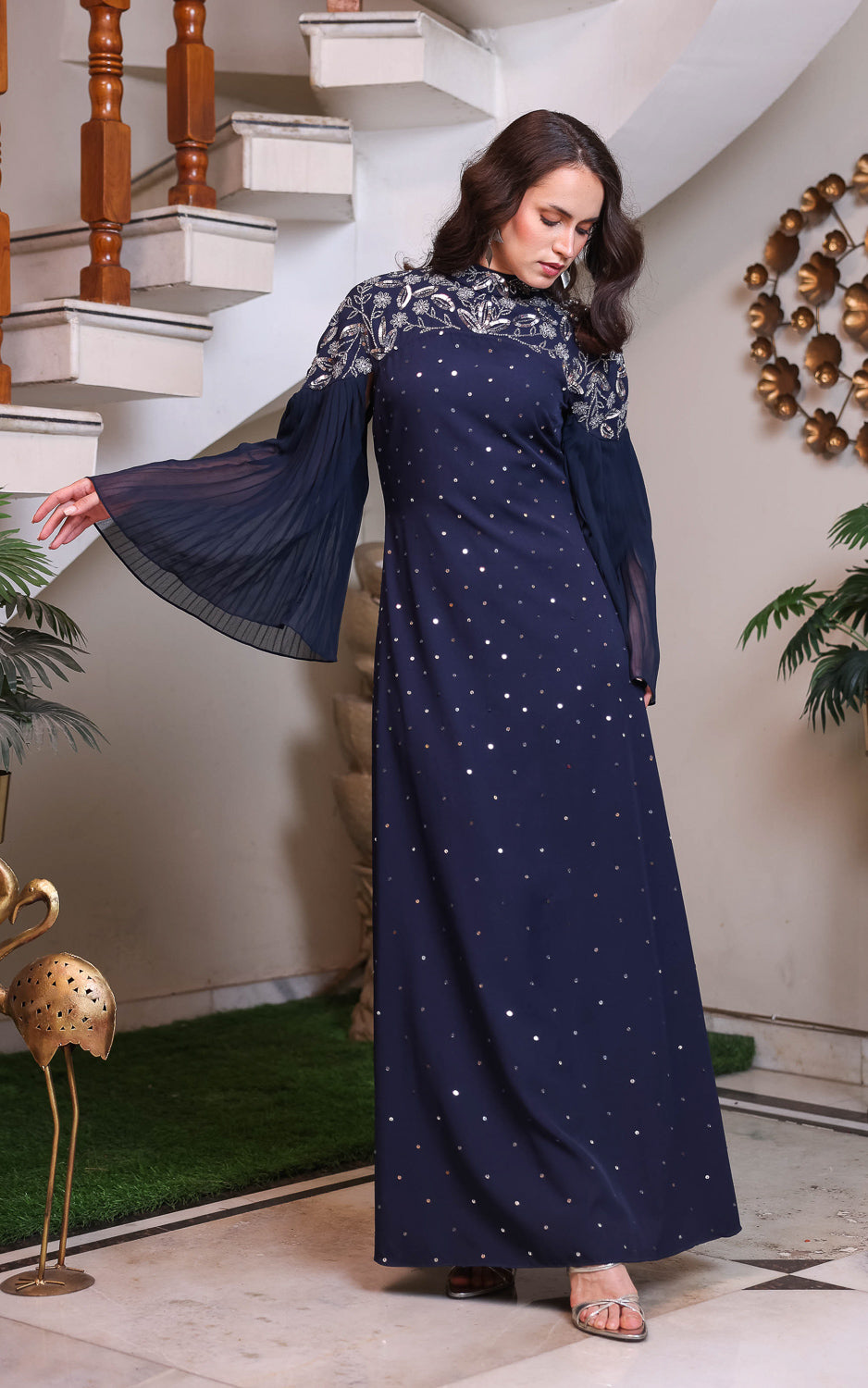 Navy Embroidered Long Gown