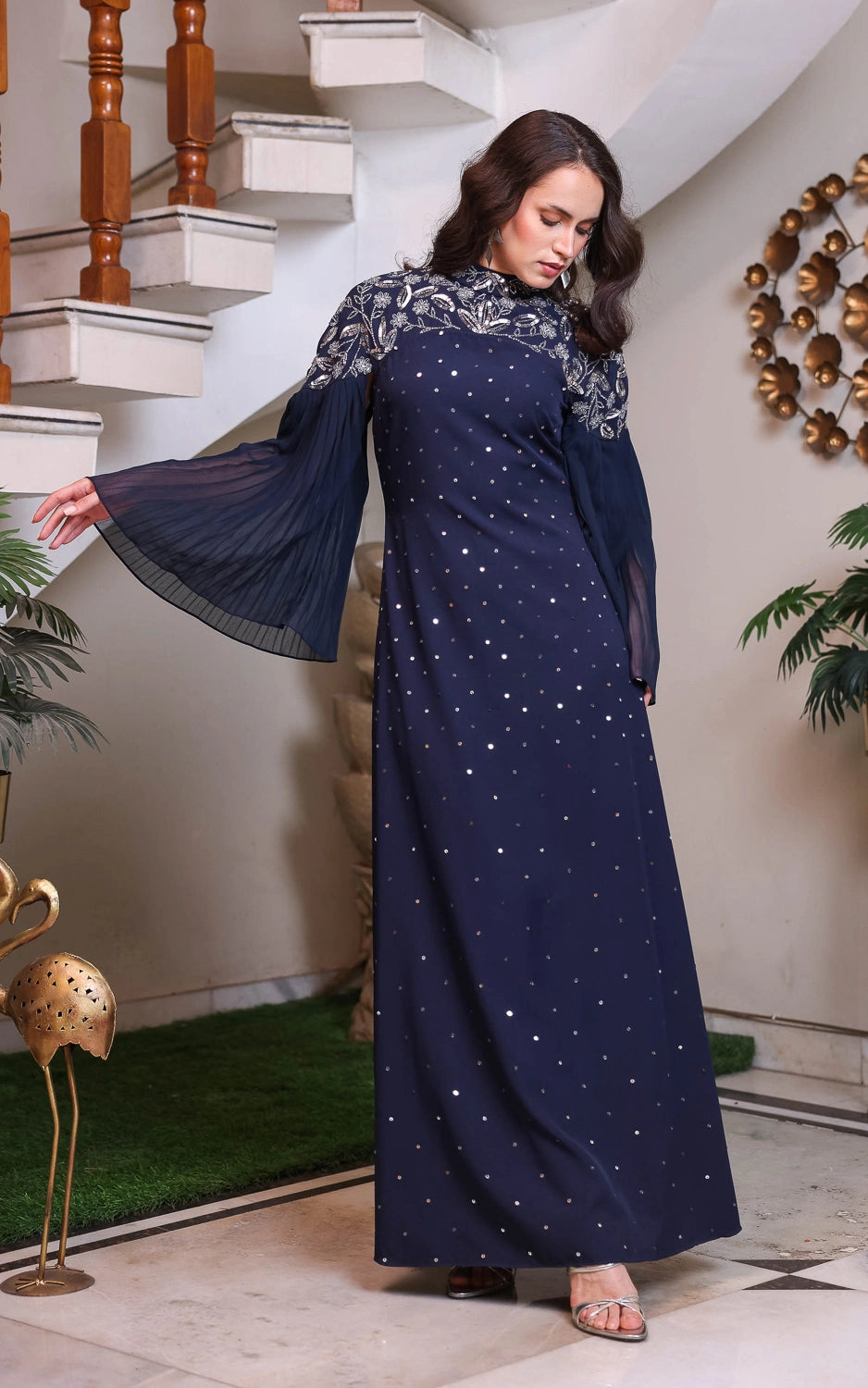 Navy Embroidered Long Gown