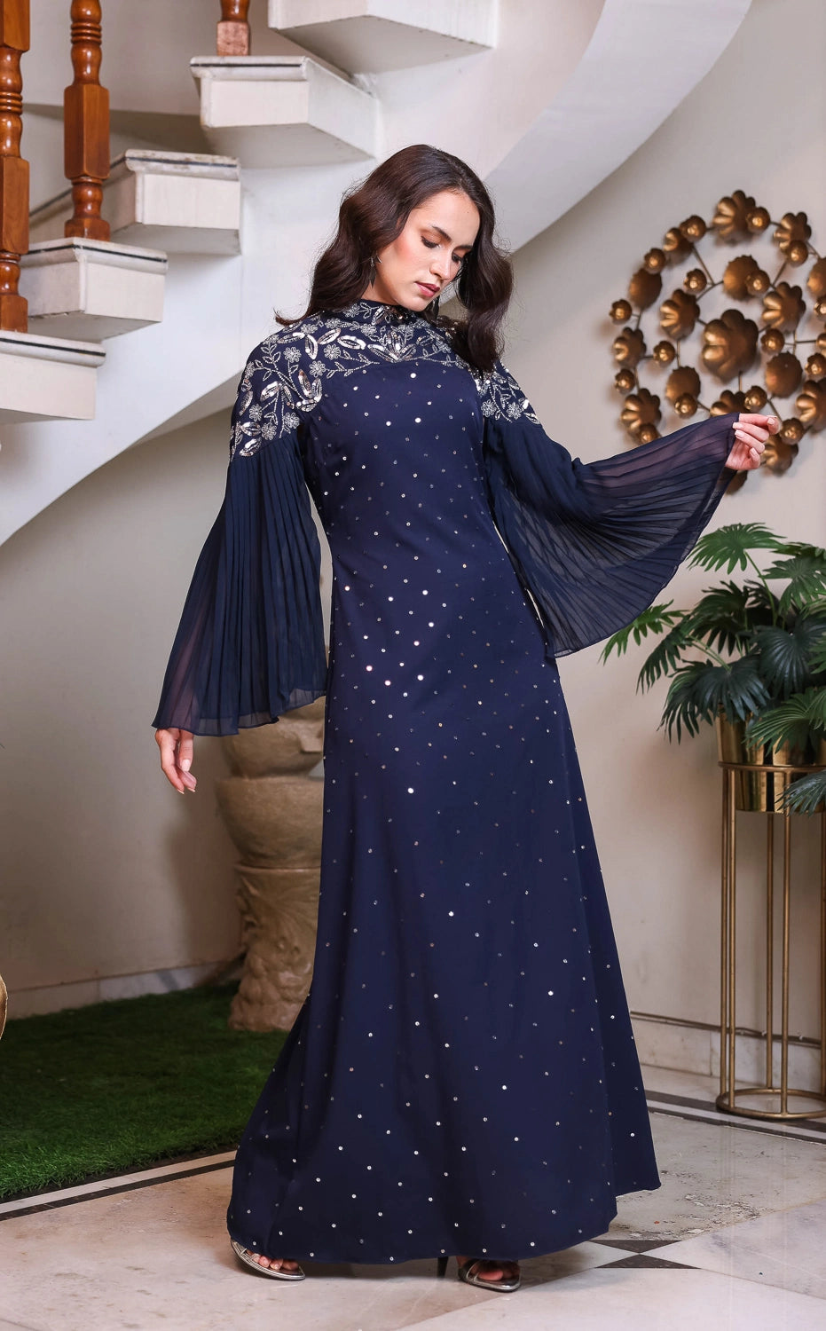 Navy Embroidered Long Gown