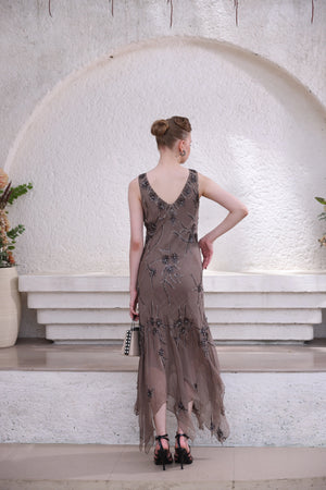 Taupe Hand-Beaded Dress