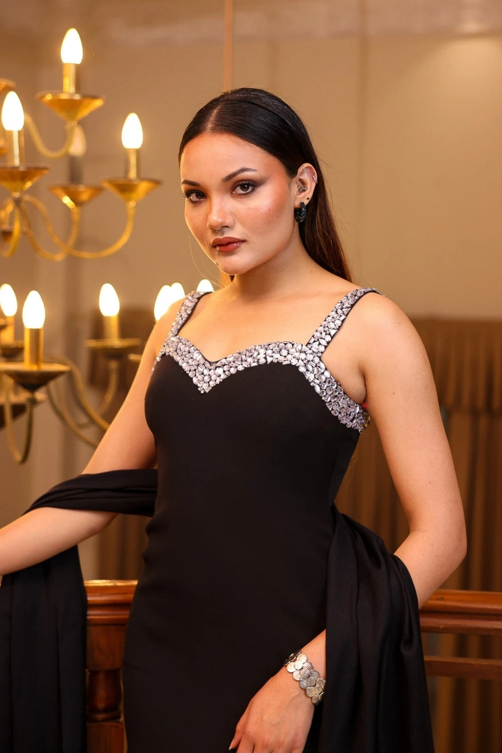 Black Minimal Column Dress with Silver Strap Trim