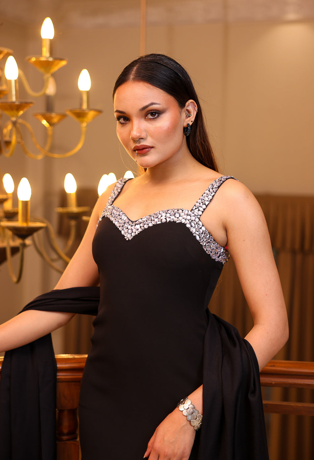 Black Minimal Column Dress with Silver Strap Trim