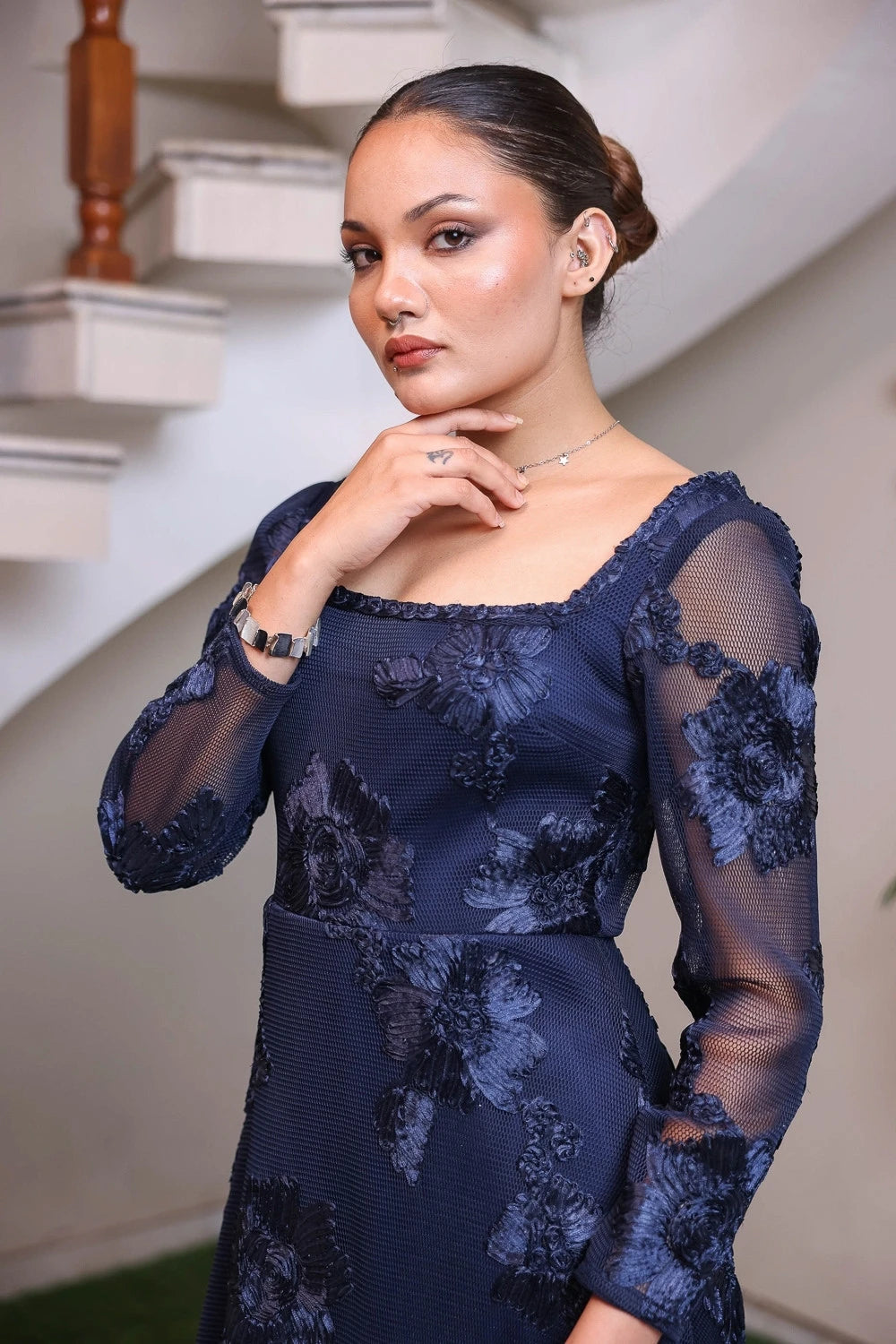 Navy Floral Textured Midi