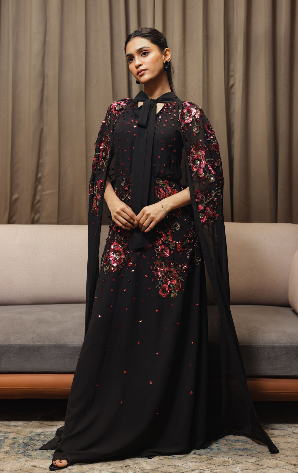 Black Floral Cape Gown