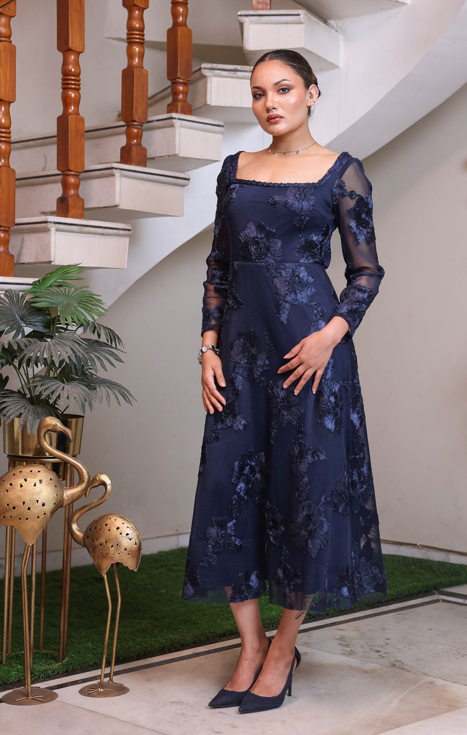 Navy Floral Textured Midi