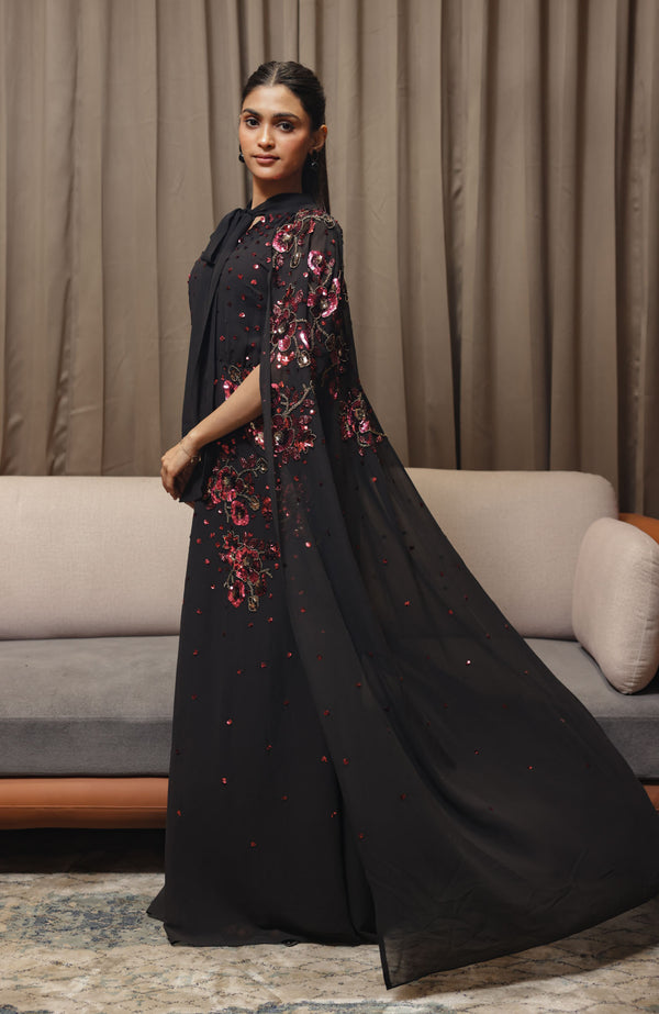 Black Floral Cape Gown