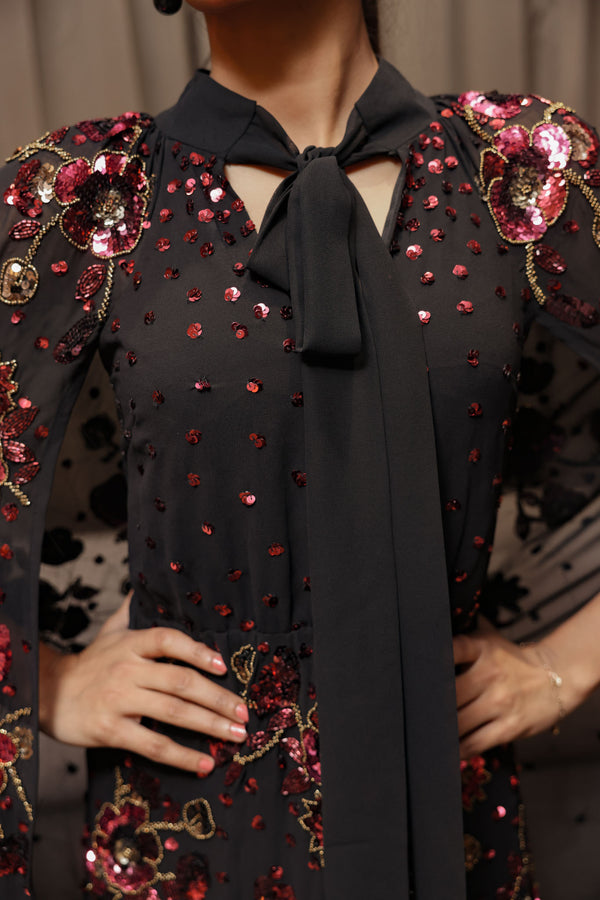 Black Floral Cape Gown