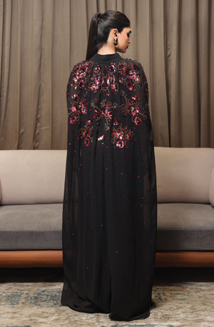 Black Floral Cape Gown