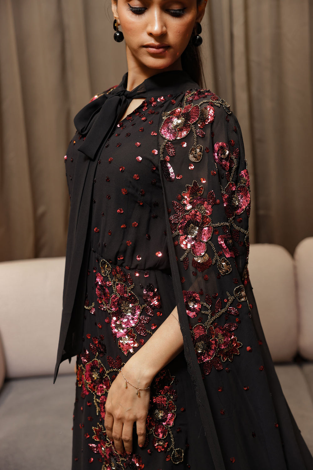 Black Floral Cape Gown