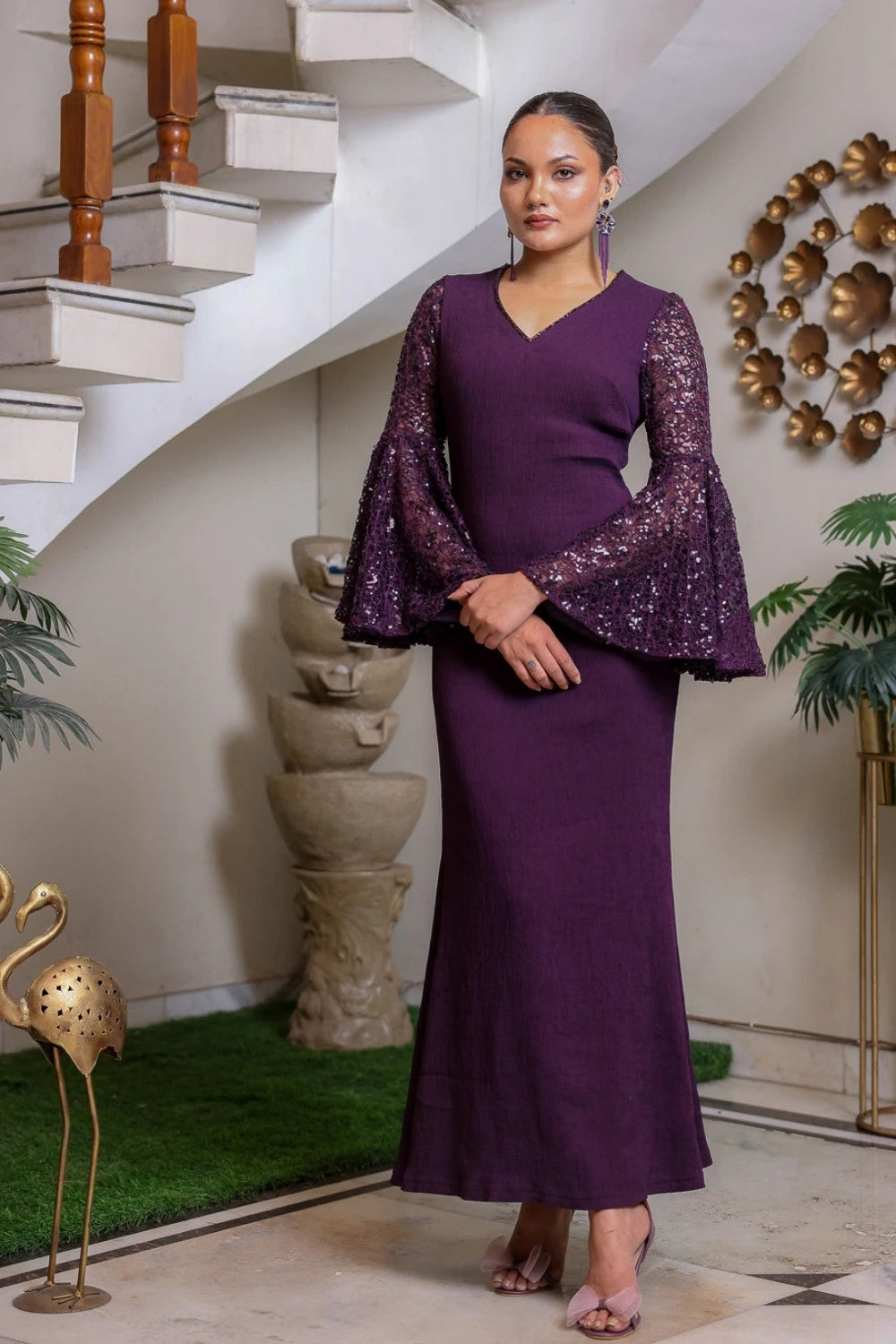 Purple Bell-Sleeve Gown