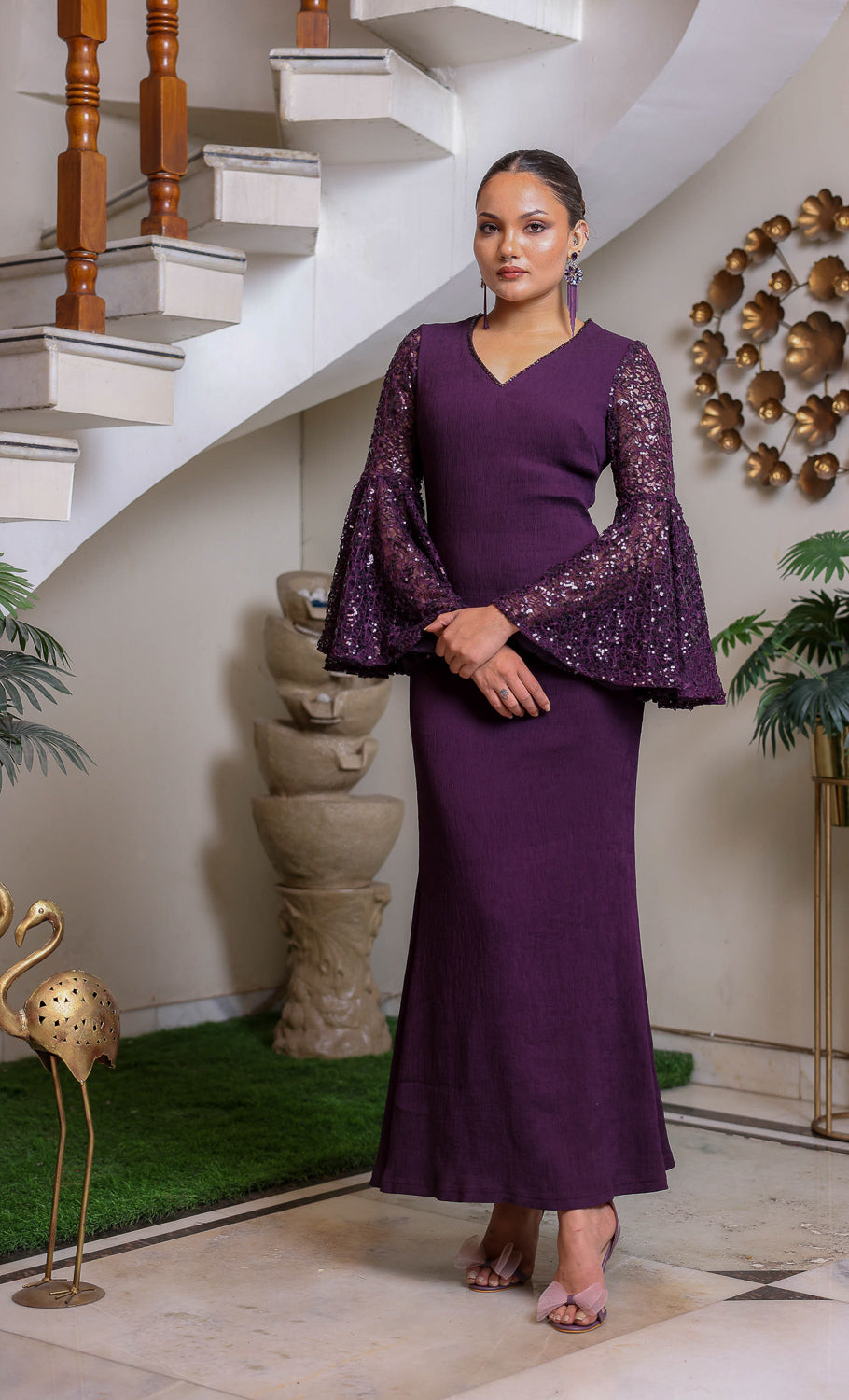 Purple Bell-Sleeve Gown