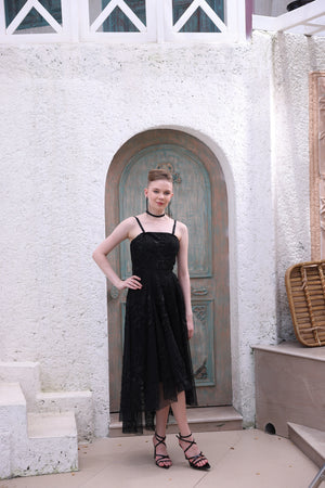 Black Hand-Beaded Lace Dress