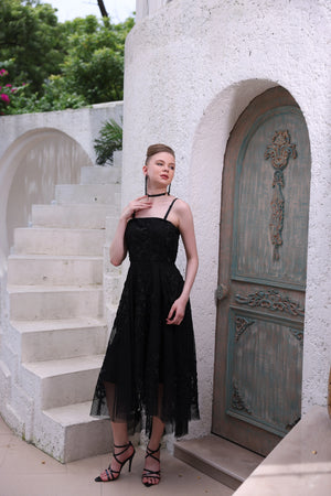 Black Hand-Beaded Lace Dress