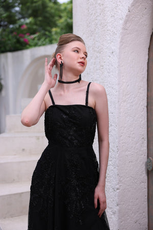 Black Hand-Beaded Lace Dress