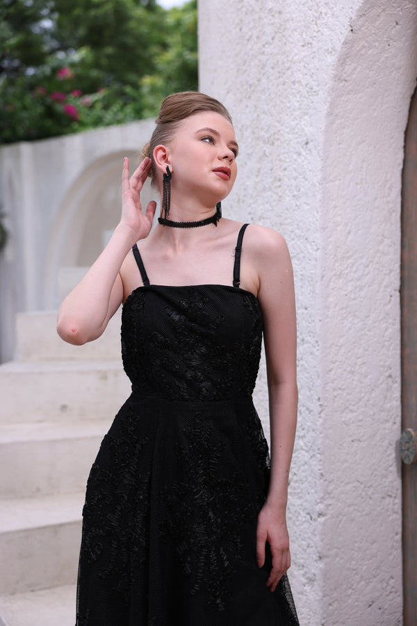Black Hand-Beaded Lace Dress