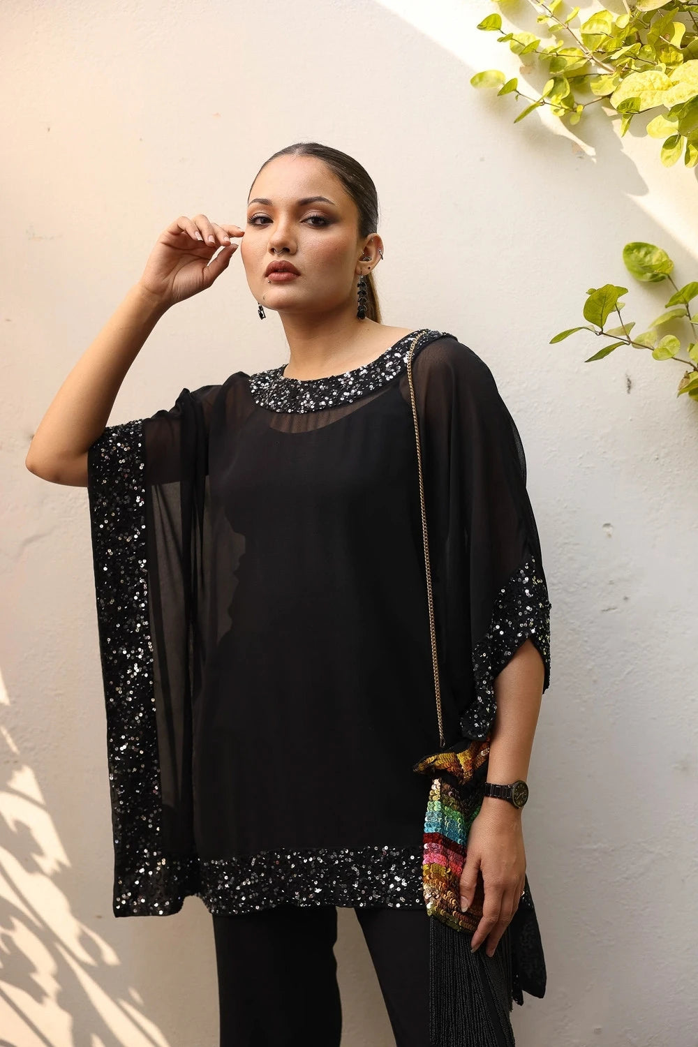 Black Sequin Cape Top
