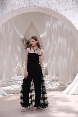 Black Tiered Tulle Overlay Jumpsuit