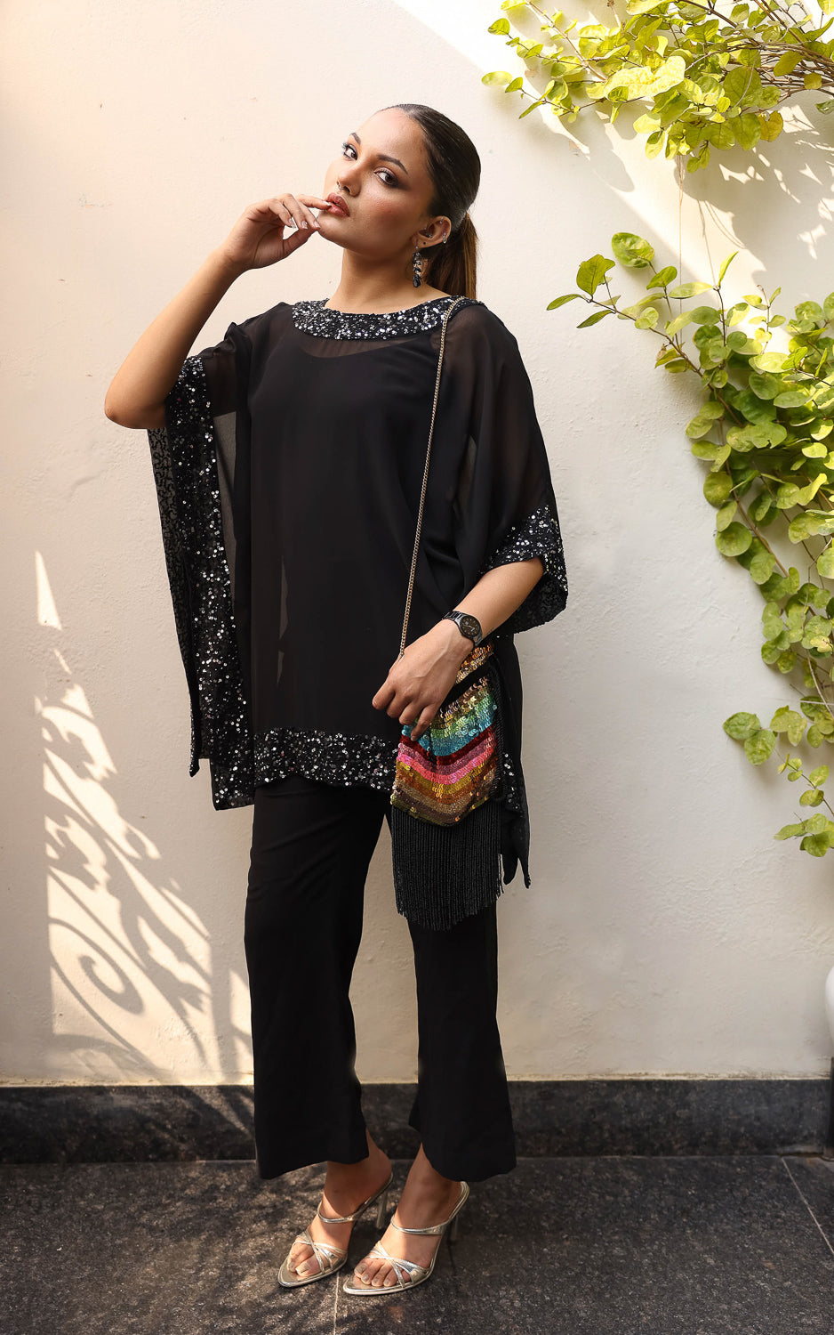 Black Sequin Cape Top