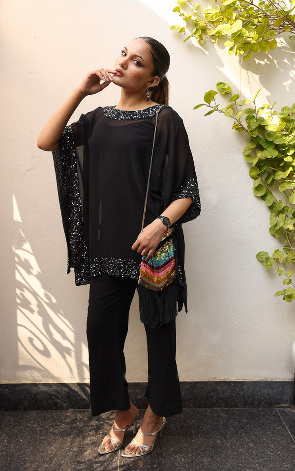 Black Sequin Cape Top