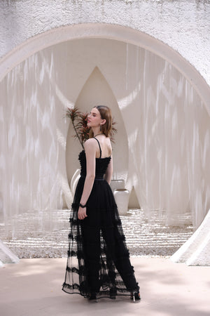 Black Tiered Tulle Overlay Jumpsuit