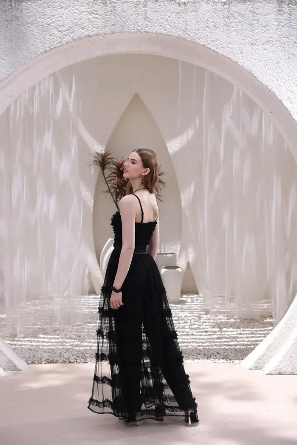 Black Tiered Tulle Overlay Jumpsuit