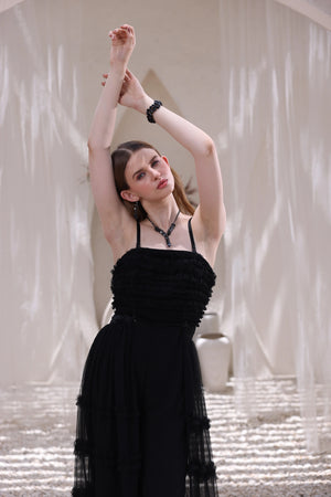 Black Tiered Tulle Overlay Jumpsuit