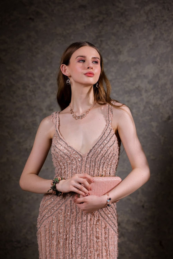 Blush Pink Hand-Beaded Lace Gown