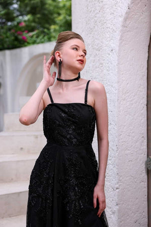 Black Hand-Beaded Lace Dress