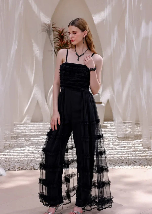 Black Tiered Tulle Overlay Jumpsuit