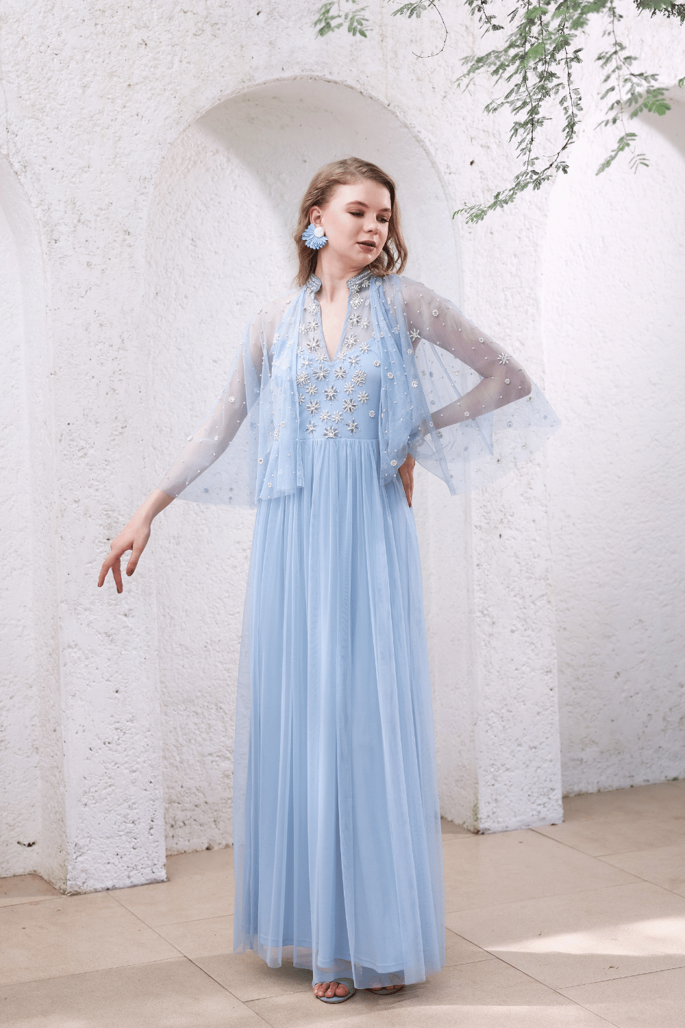 Powder Blue Hand-Beaded Dress with Sheer Cape