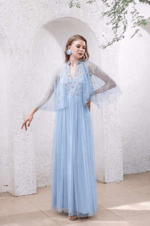 Powder Blue Hand-Beaded Dress with Sheer Cape